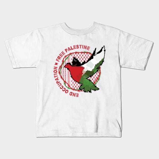 End Occupation Free Palestine with Palestinian Arabic Kufiya Hatta Pattern -red Kids T-Shirt by QualiTshirt